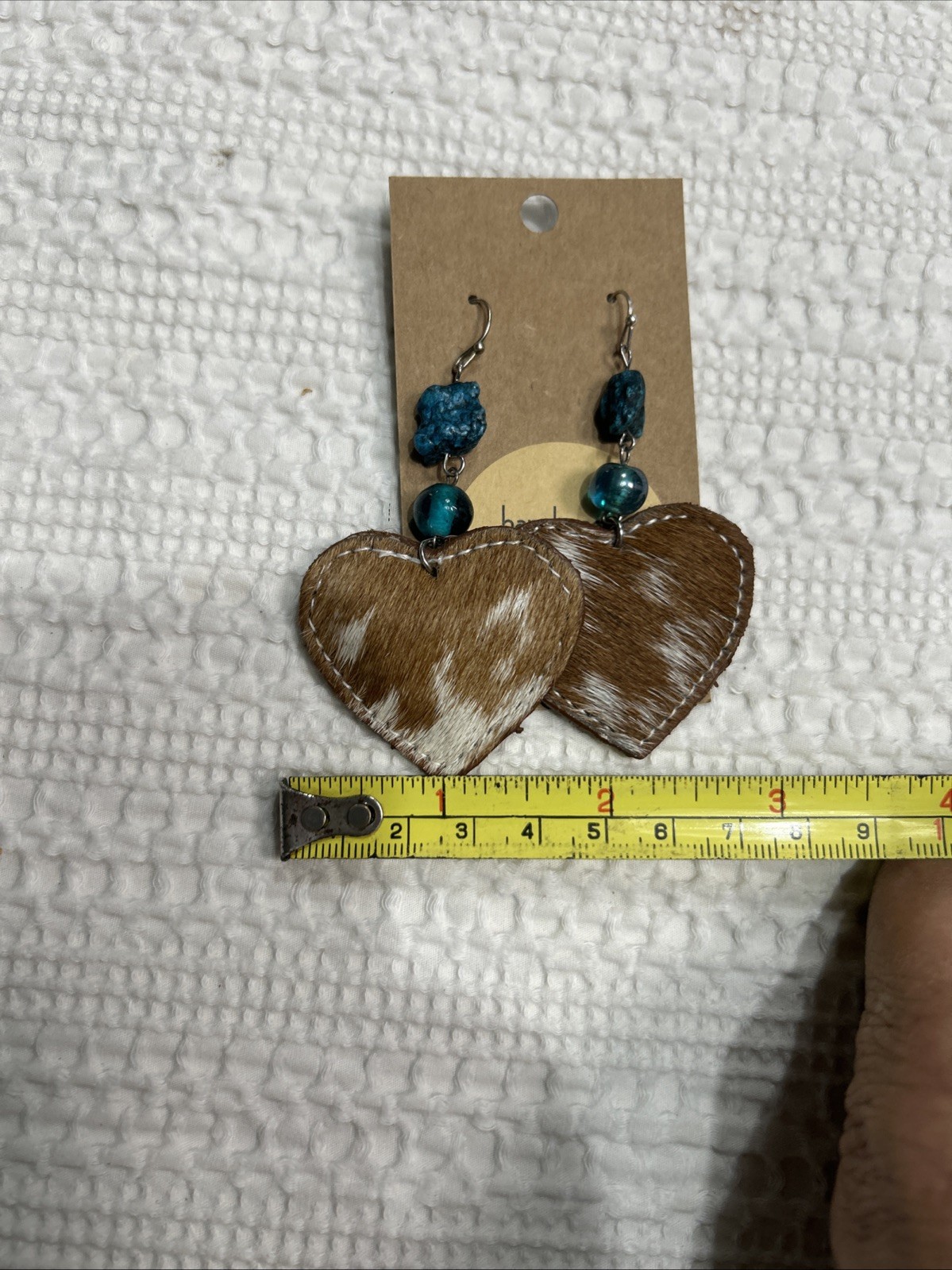 Faux Cowhide & Turquoise Dangle Earrings Handmade 2.5” Heart Nickle Free New