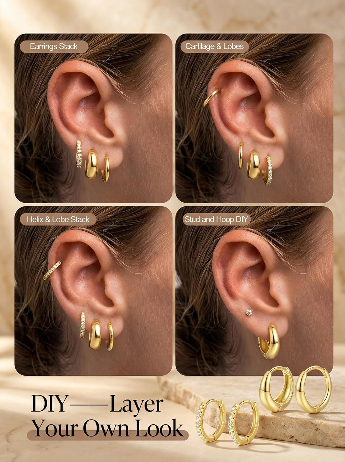 9 Pairs Gold Huggie Hoop Earrings Sets for Women, 14K Gold Plated Small Hoop Ear