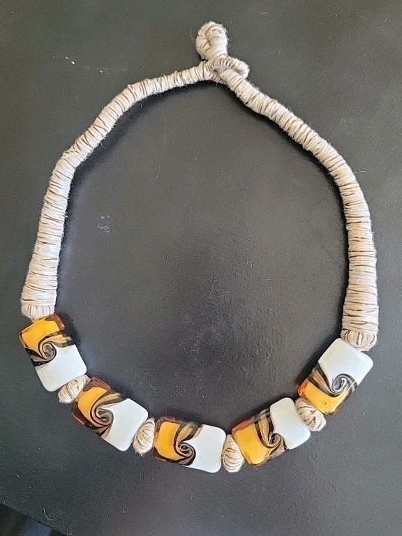 Murano Glass Necklace White Brown Beautiful Short