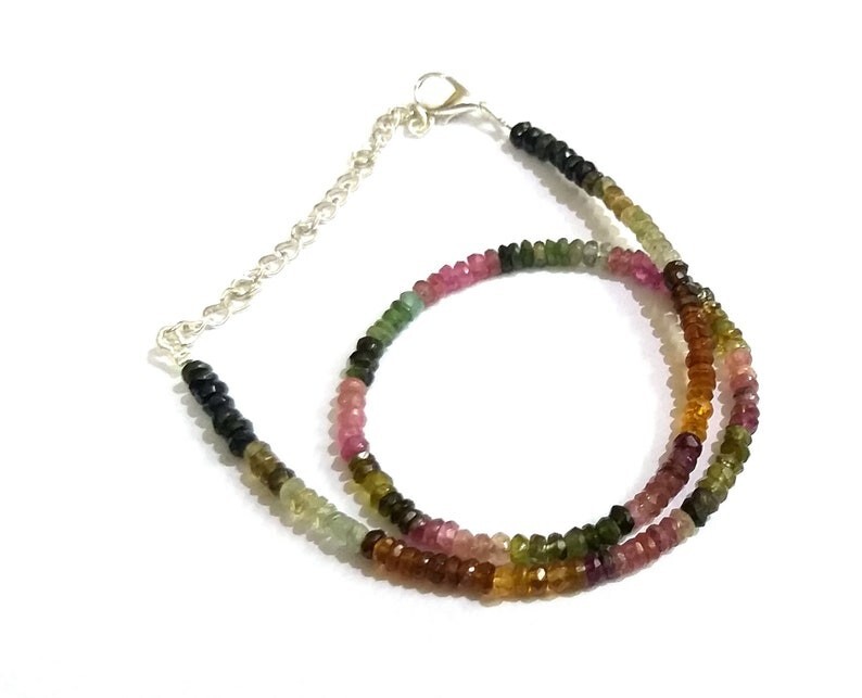 A++ Natural 3-4MM Multi Tourmaline Faceted Round Gemstone Beaded Necklaces 18”