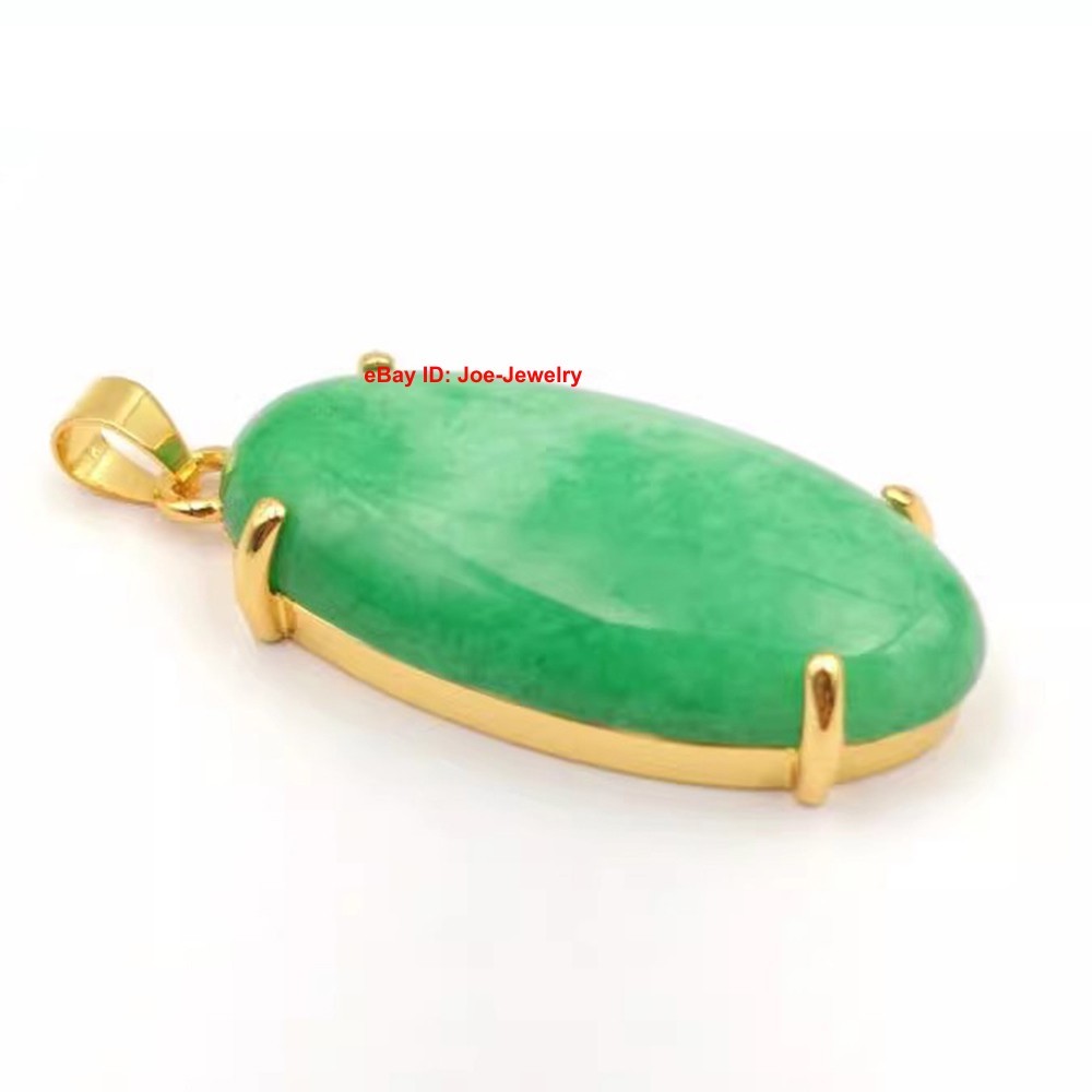 New Yellow Plated Alloy Heated Green Jade Oval Pendant Best Gift 38mm H