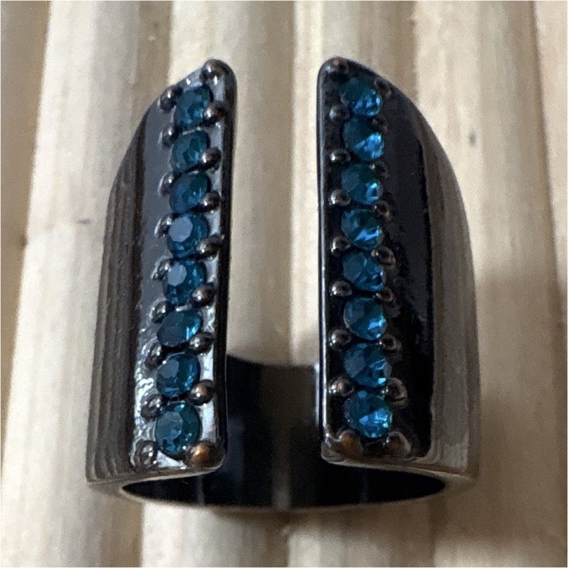 Black Tone Metal Open Cuff Band Ring with Blue Round Crystal Rhinestone Accents