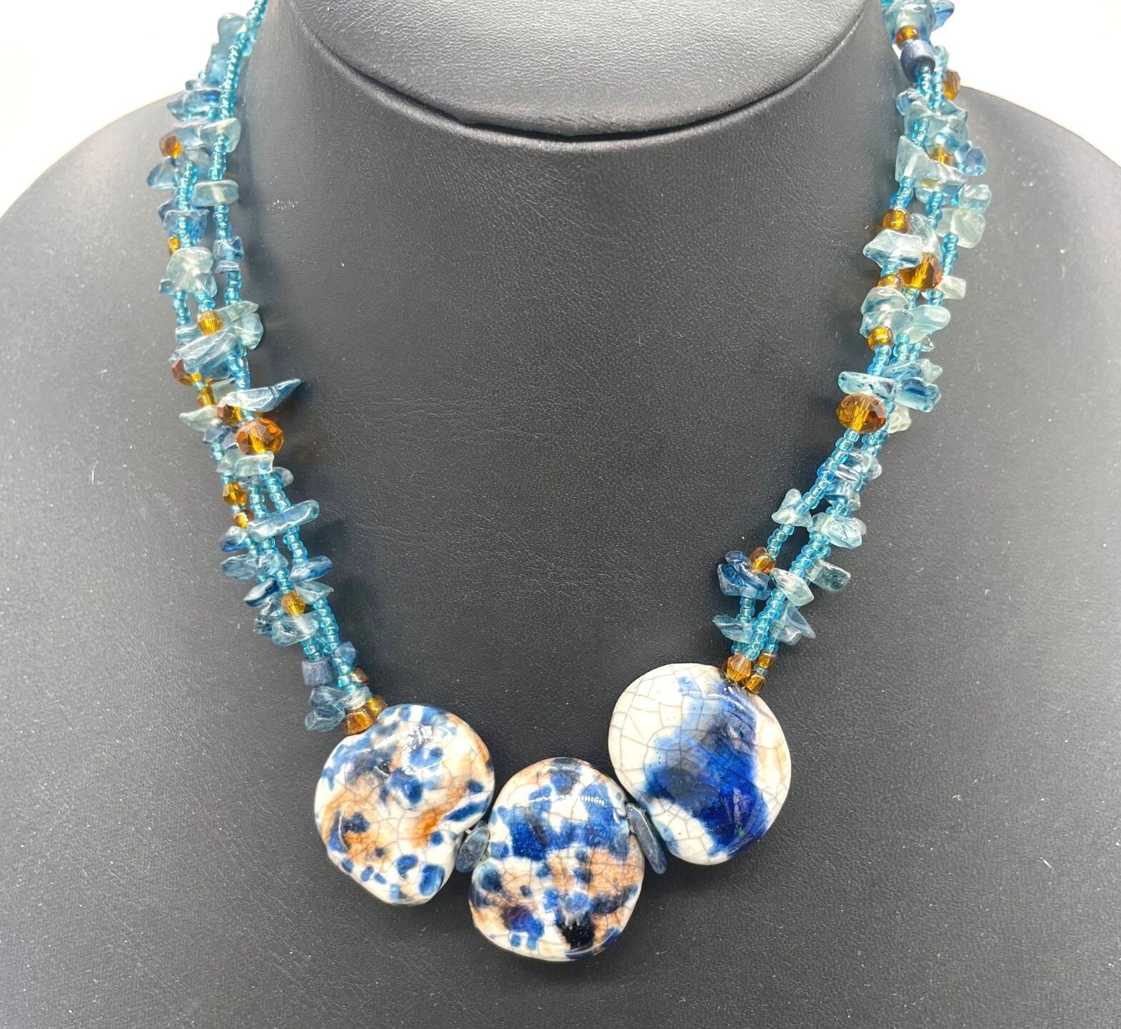 CG Three Stone Blue Beaded Chip Choker Necklace Earthy Nature