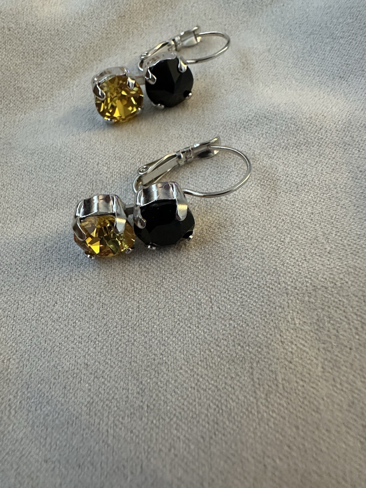 Silver Tone Leverback Dangle Earrings with Yellow & Black Crystal Jewelry