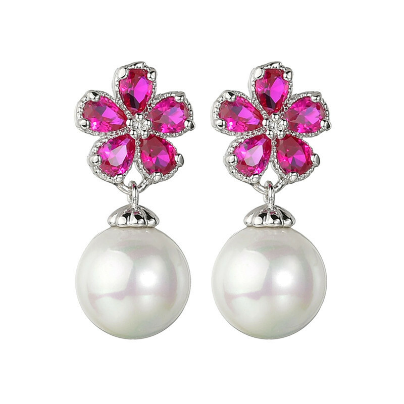 Sparkling Hot Pink Fuchsia CZ 10mm White Pearl Sterling Silver Post Earrings