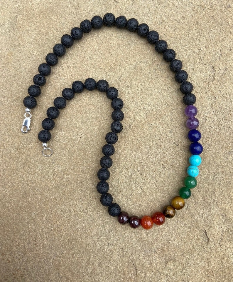 7 Chakra Lava Rock Grounding & Focus Smooth Round Gemstone Beads Necklaces 18”