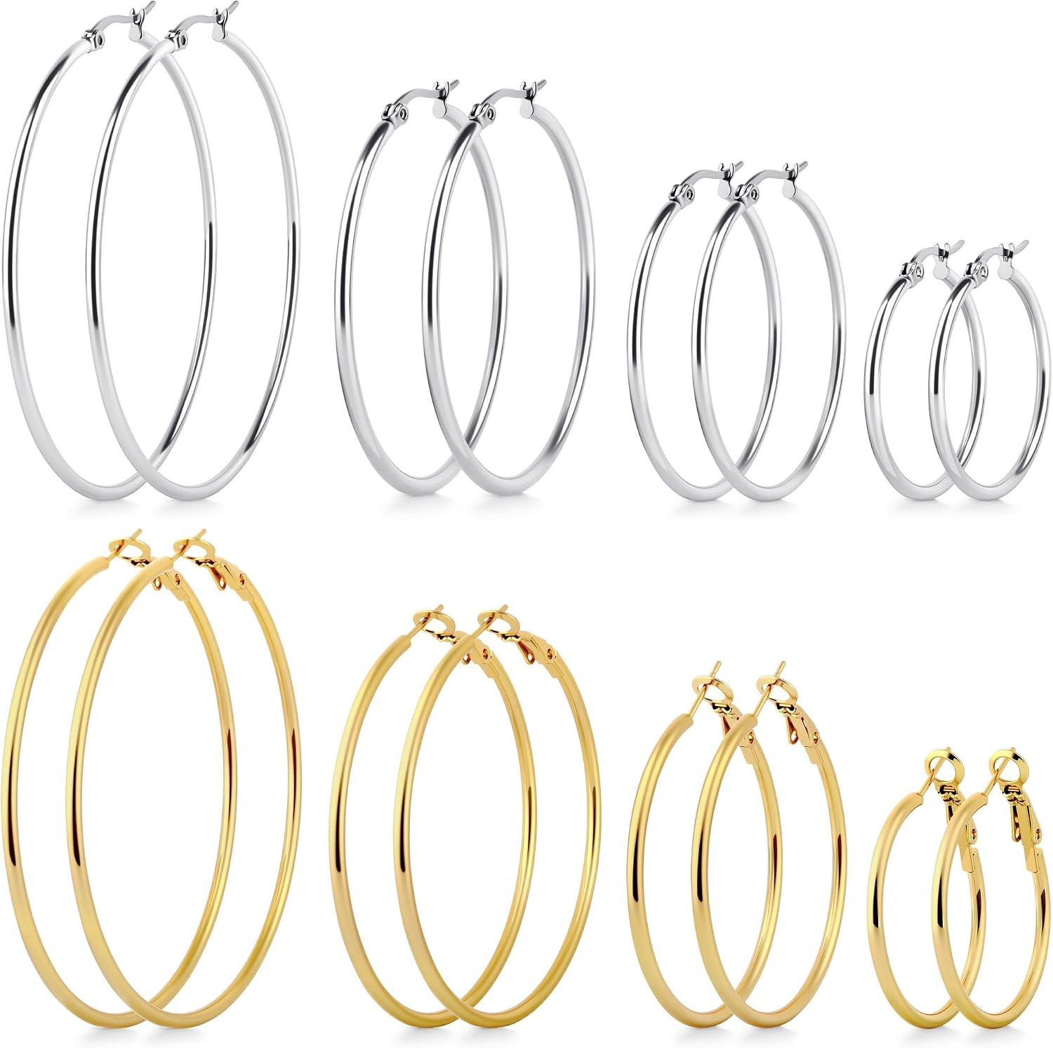 8 Pairs Gold Hoop Earrings for Women, 14K Gold Plated and Silver Hoops, Hypoalle