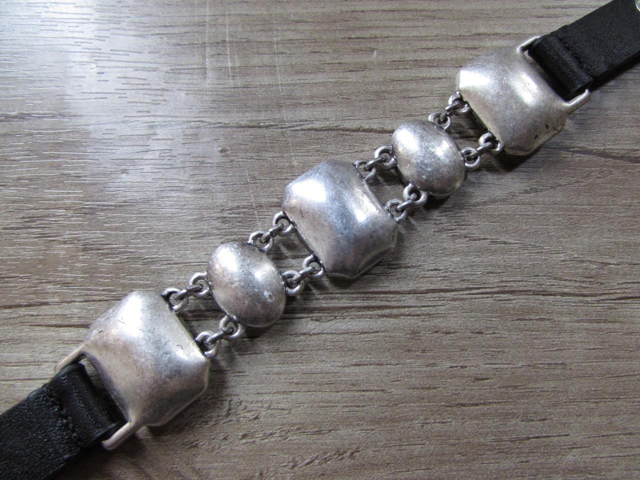 Black Faux Leather Bracelet w/ Clear Rhinestones and Silver Tone Hardware