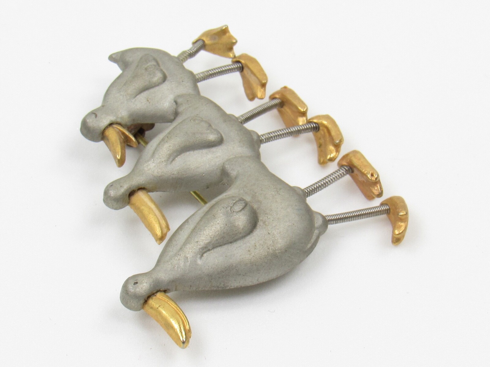Hallmark Brooch Duck Family Pewter with Spring Coil Legs Trio Three Ducks Pin