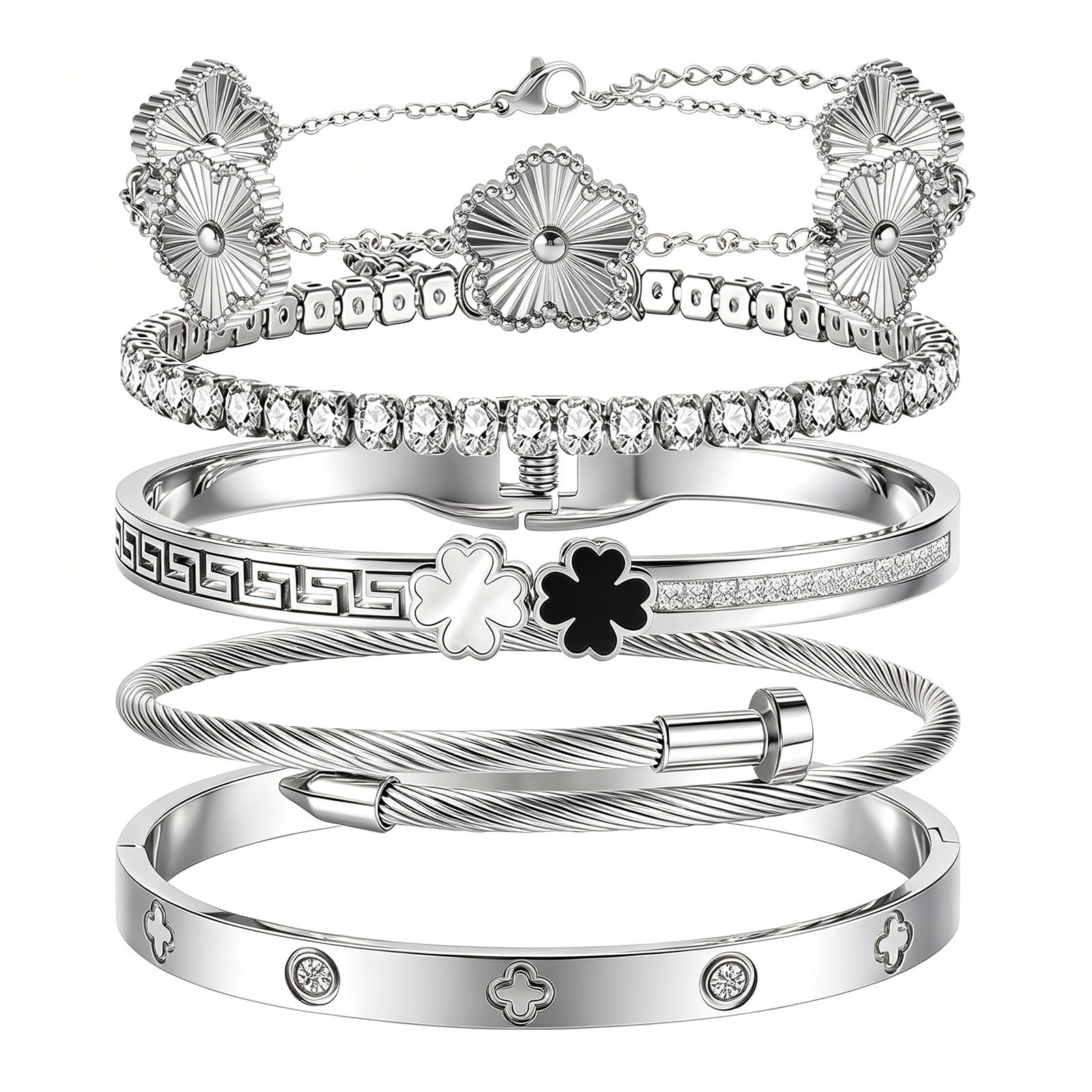 5pcs Gold Stackable Bracelet Set for Women – Stainless Steel Non-Tarnish Clov…