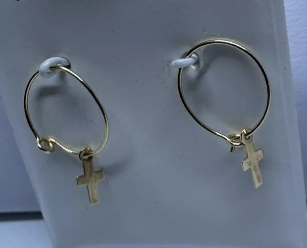 Gold Hoop Cross Earrings 14K Christian Gift Unisex Adults