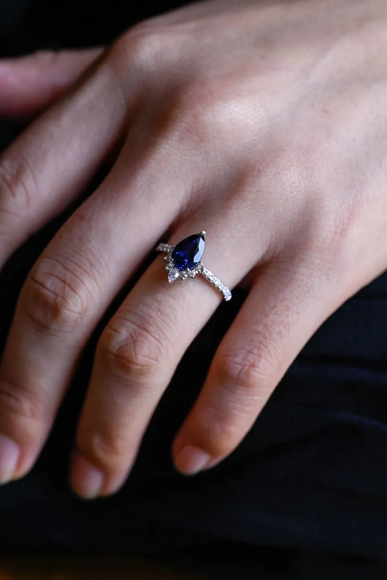 Lab Grown Blue Sapphire With 18k White Gold Plated Silver Women’s Ring #85