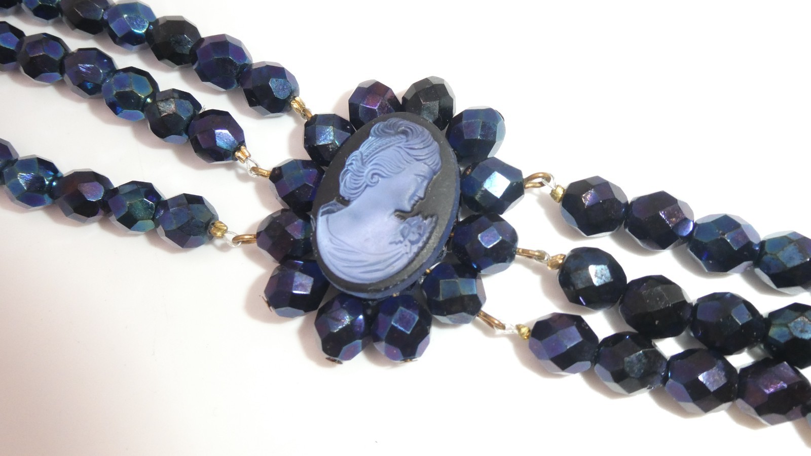 Vtg Glass Cameo 3 Strand Choker Necklace Peacock Black Blue Glass Faceted Beads