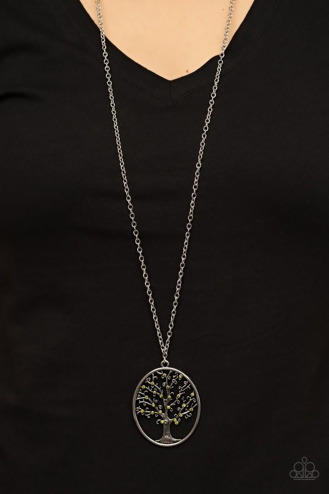 Paparazzi Silver Tree of Life Necklace W/ Green Rhinestones.