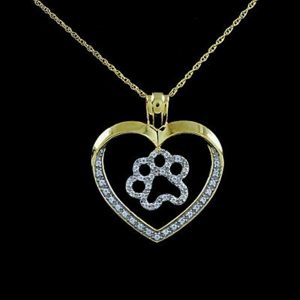 1 Ct Round Simulated Diamond Heart Paw Pendant Free Chain 14K Yellow Gold Plated
