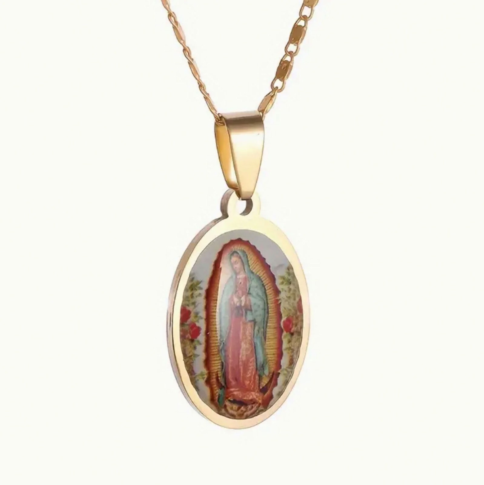 Vintage Golden Virgin Mary Oval Pendant Necklace, Gift for Religious Believers