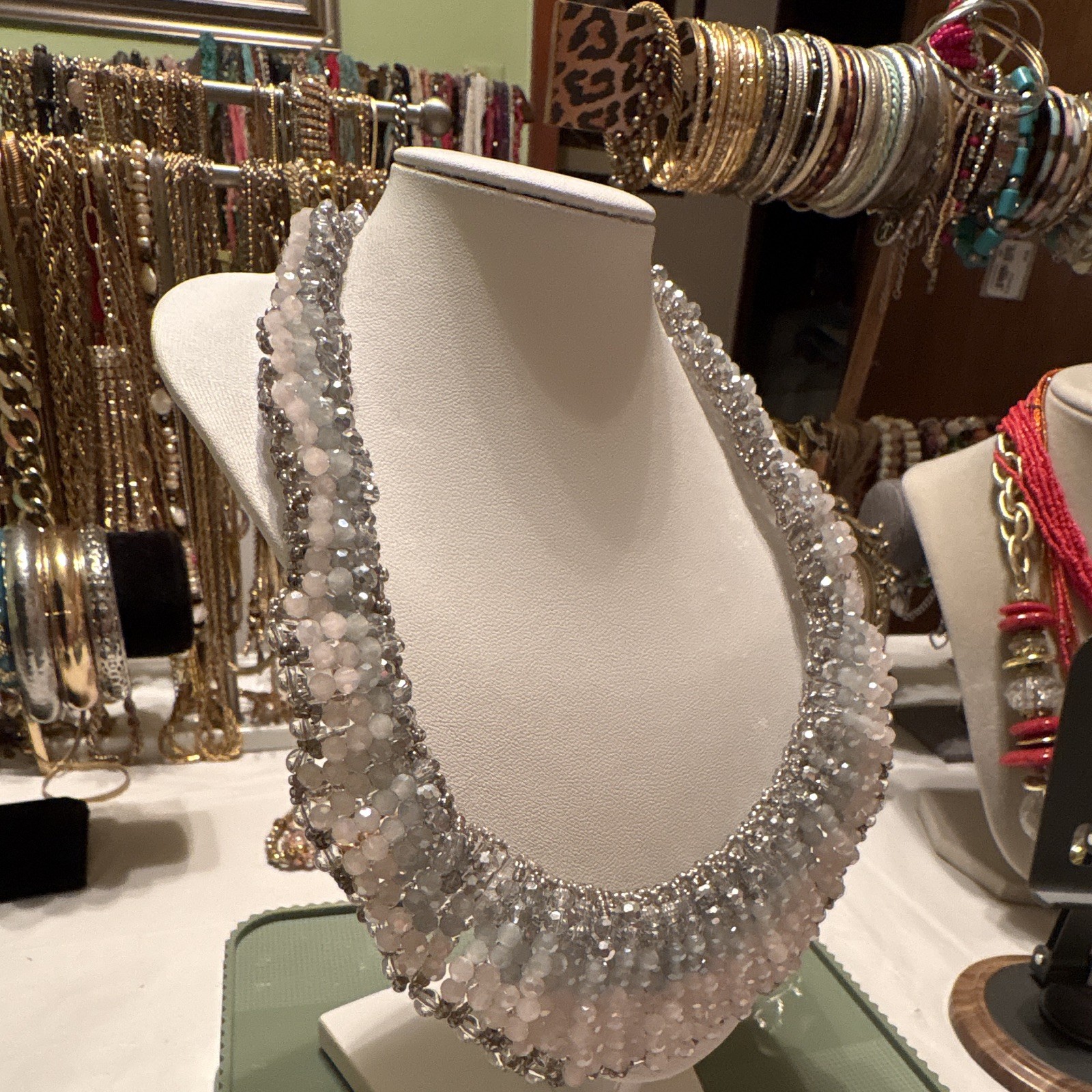 Statement Beaded Necklace Round Clear Crystal/Glass Beads Pink/Gray Adjustable