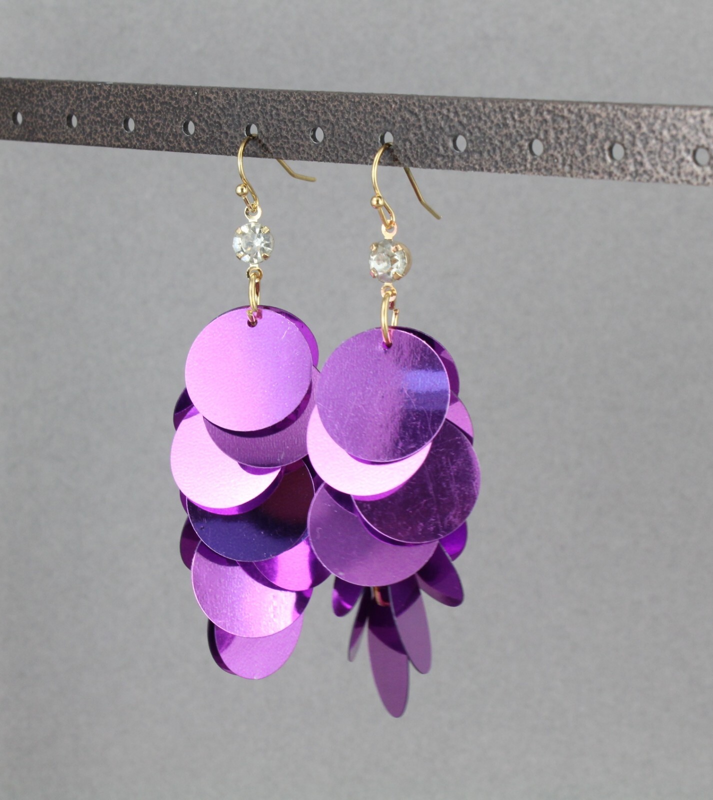 Purple Gold sequin paillette chandelier earrings dangle 3 1/8″ long lightweight
