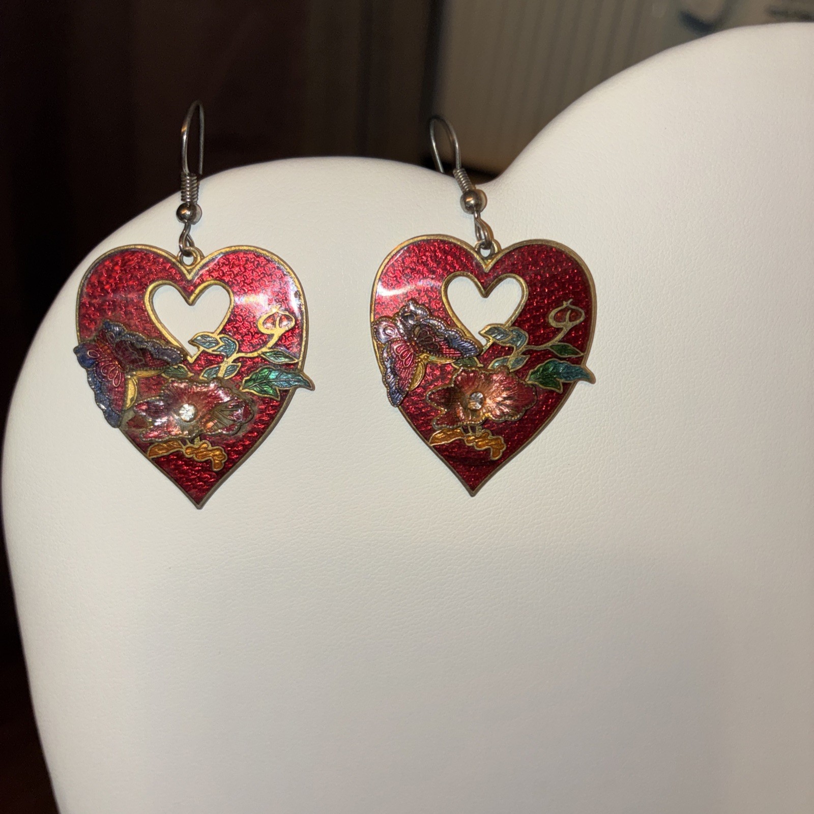 Vintage Cloisonné Enamel Heart Earrings Red Burgundy Birds/Flowers 1980s