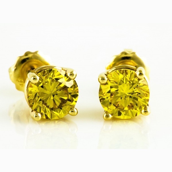 1.00 Ct Fancy Canary Yellow Round Diamond Studs Earrings Man Made 14k Solid Gold