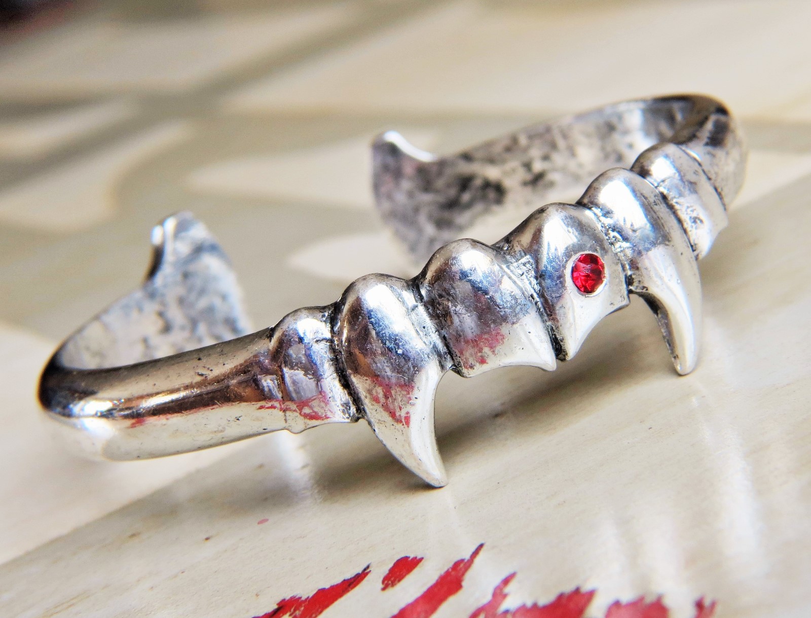 Gothic Vampire Fang / Dracula Silver Bracelet with Red Crystal Blood Drop Bling