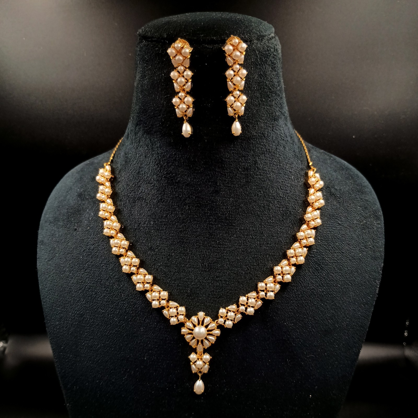 Vintage 22K Gold Plated Pearl Necklace Set Traditional Ethnic Statement Sets