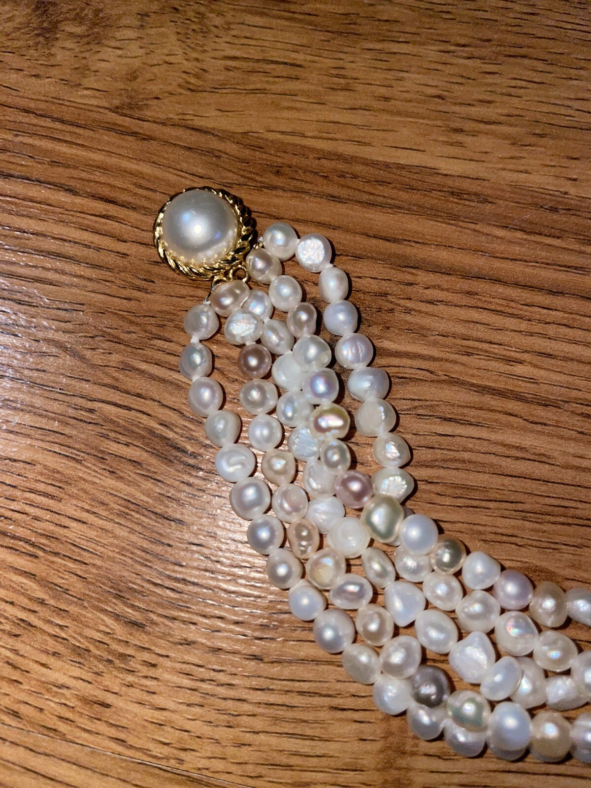 Gold Tone Clasp 5 Row White/pink Freshwater Pearl 8” Bracelet Faux Peal Clasp