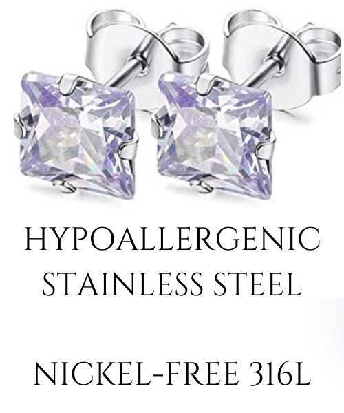 3/4/5/6/7mm Square CZ Alexandrite Stud Earrings June Birthstone, Stainless Steel