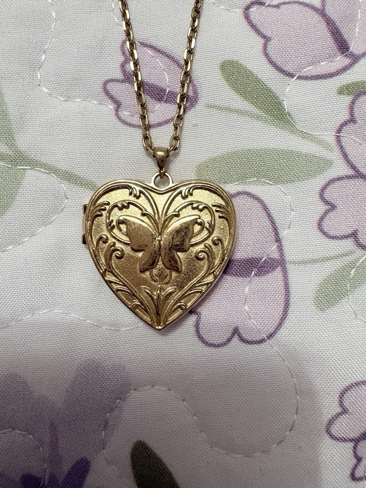 Gold Tone Heart Photo Locket Pendant Necklace, Cable Chain, Love Butterfly