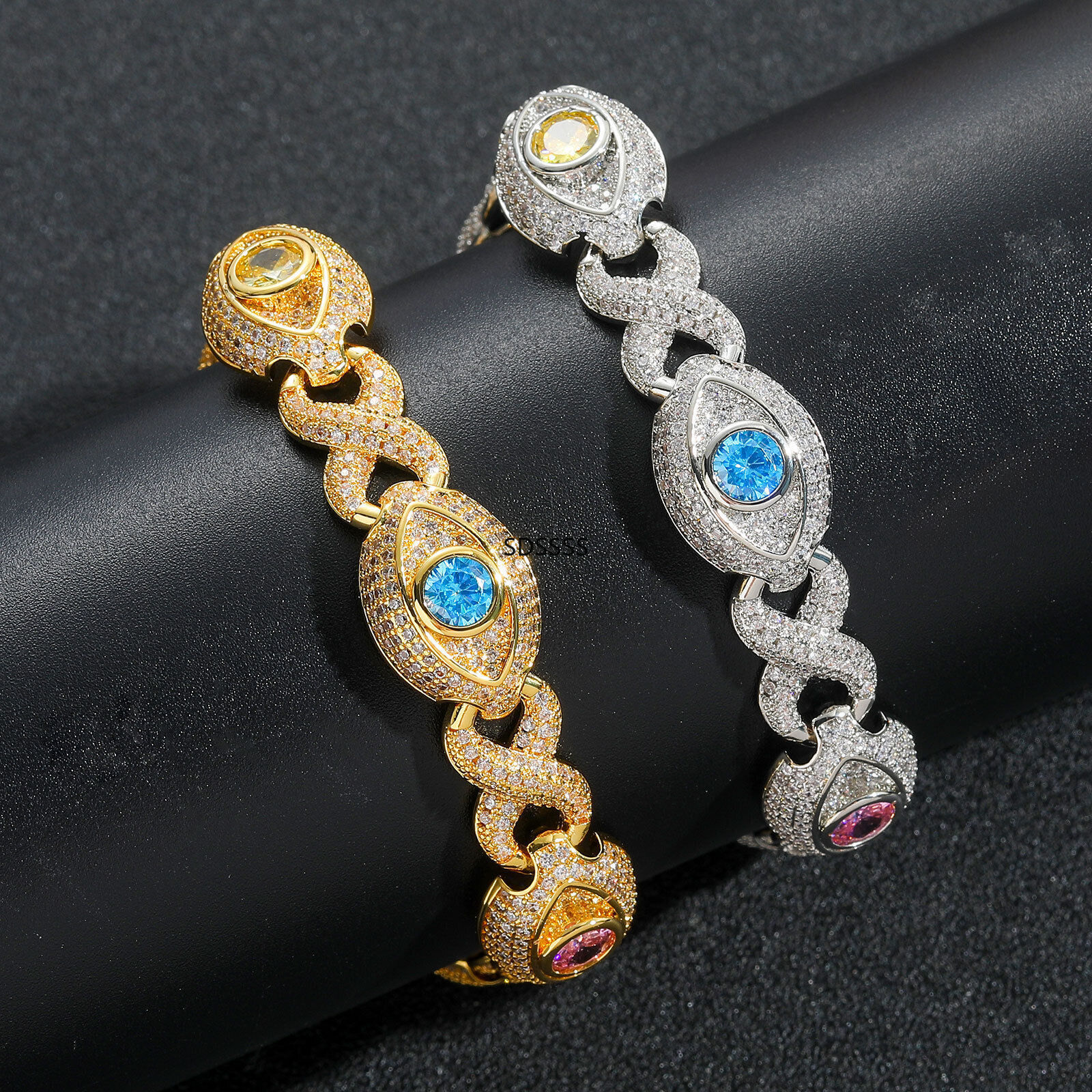 Cuban Chain Necklace Bracelets Zircon Mens Jewelry Hip Hop Colorful Eye
