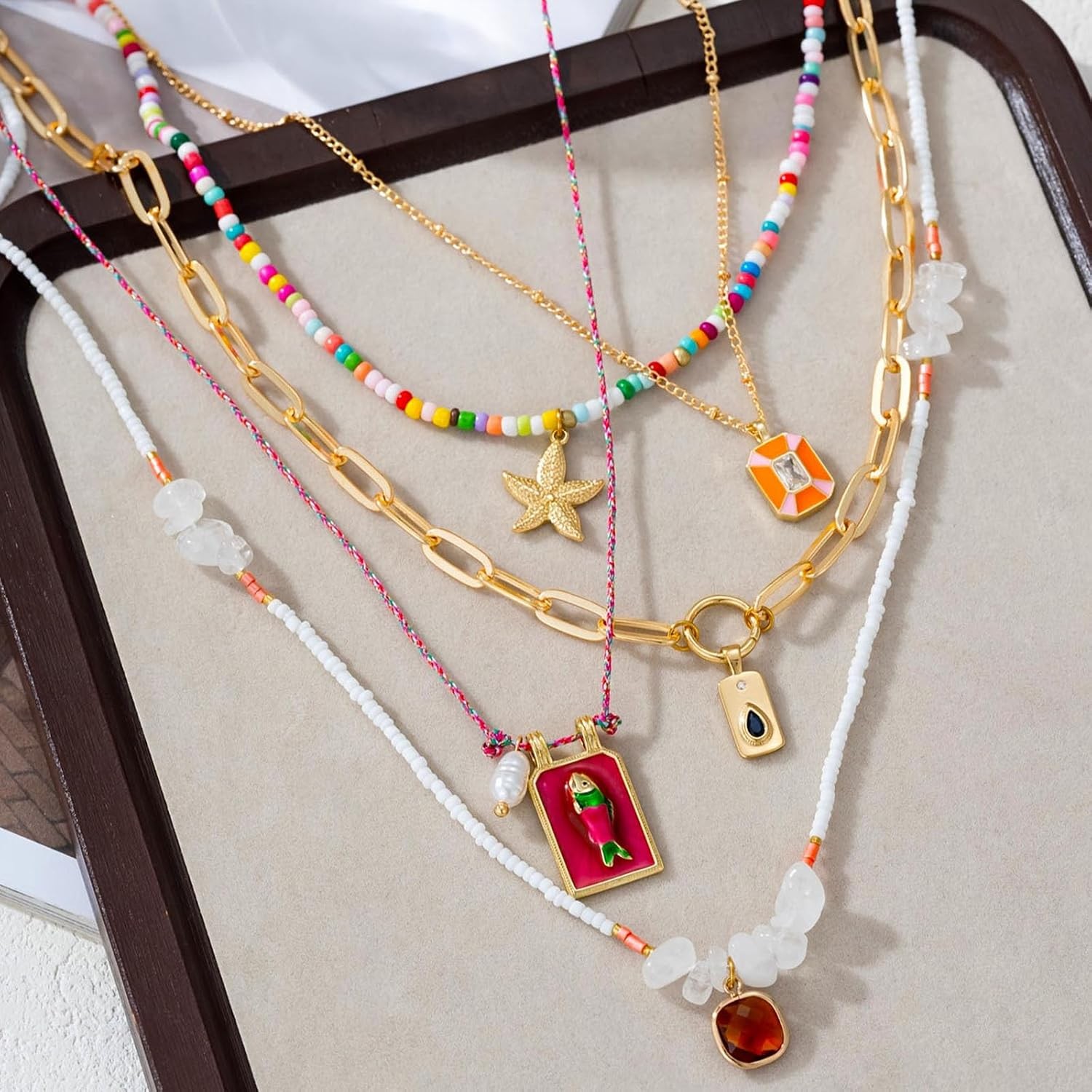 Pendant Necklace Set Bohemian Style Beaded Fish Star 5 Layered Collarbone Chain,