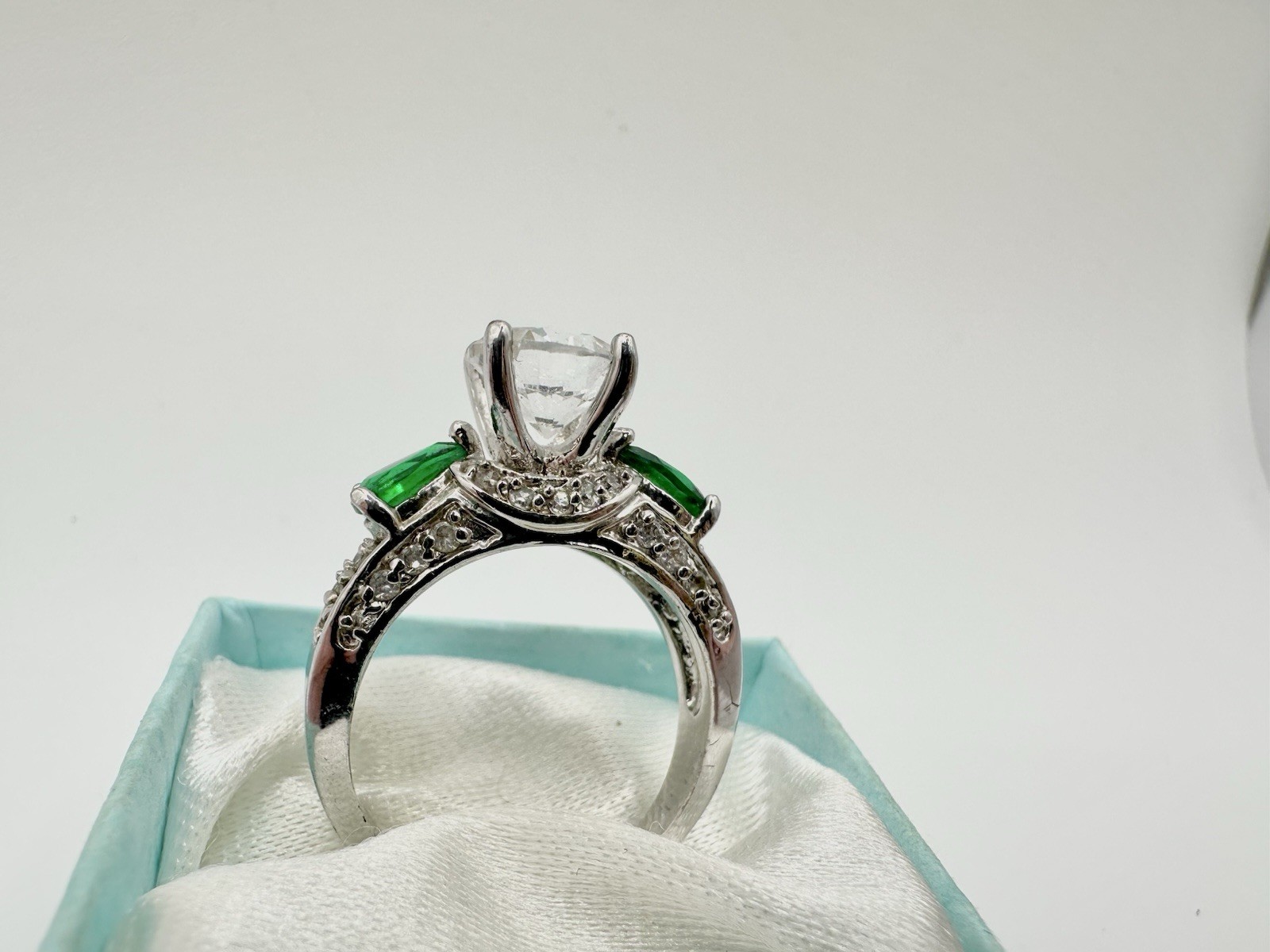 Silver Tone Cocktail Ring SZ8 Green Bling Signed China? Stone Missing Read
