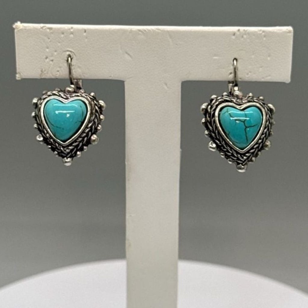 Faux Turquoise Silver Tone Heart Drop Lever Back Dangle Earrings Boho Western Vt