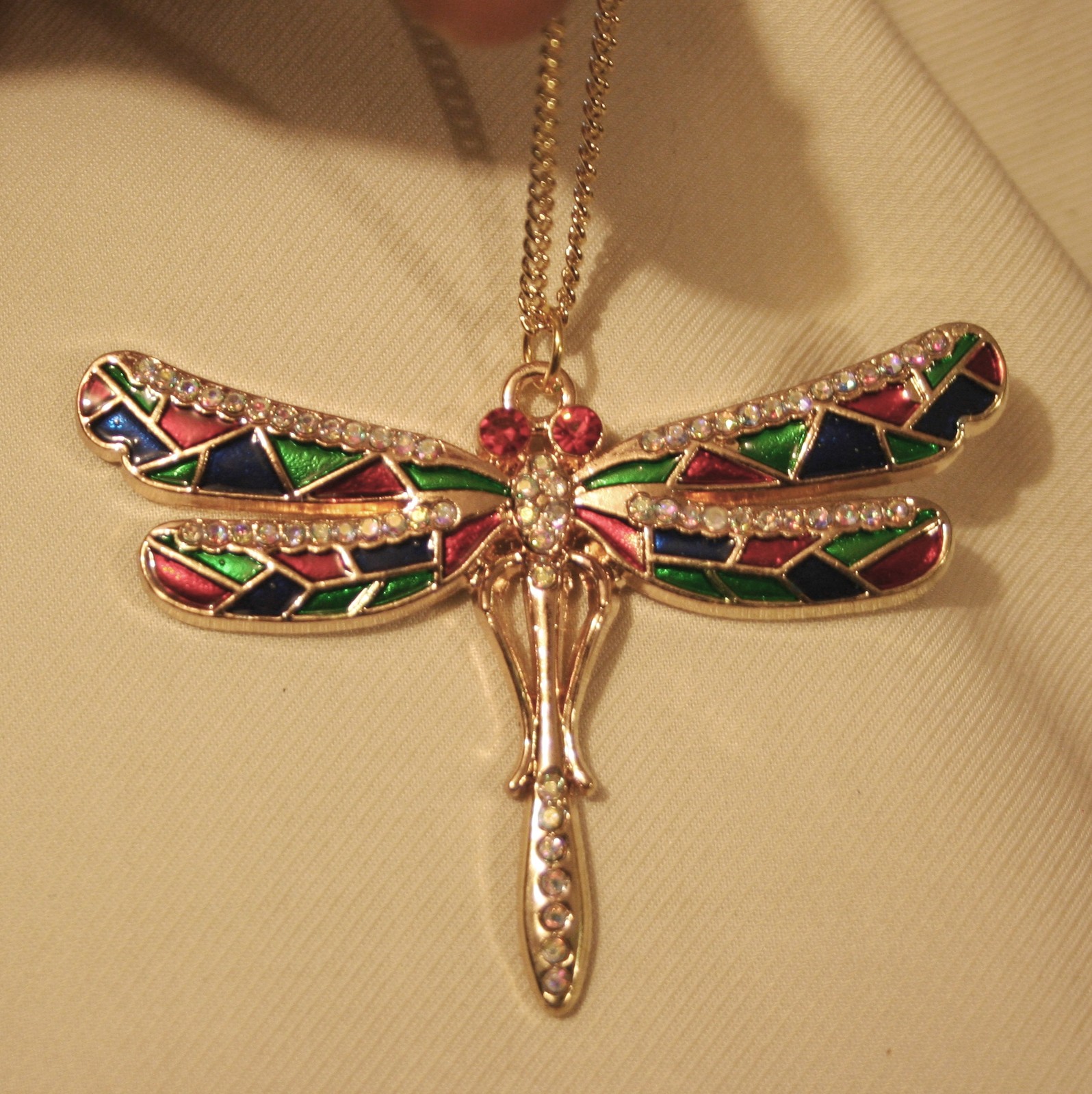 Sparkling Red Blue Green Enameled Aurora Borealis Dragonfly Pendant Necklace