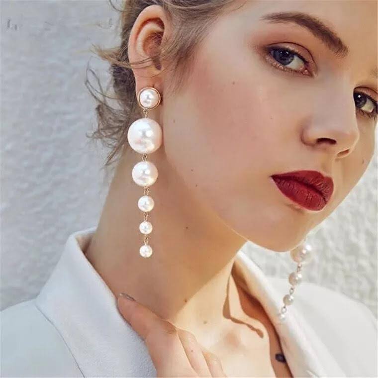 Beautiful Elegant Fancy Gold Color Long Dangle Drop Chandelier Earrings-“PEARLS”