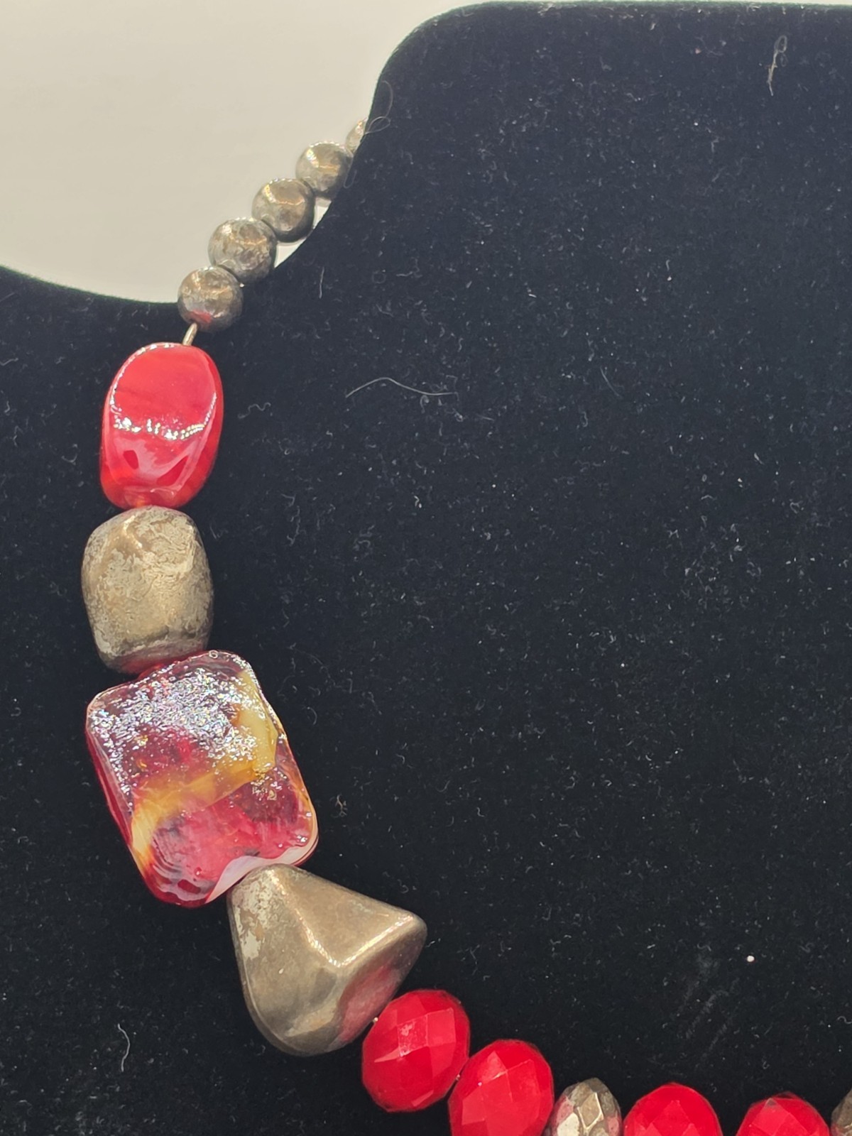 Boho Red Maroon Pendant Necklace Silver Tone Ethnic Statement 18”+Ext