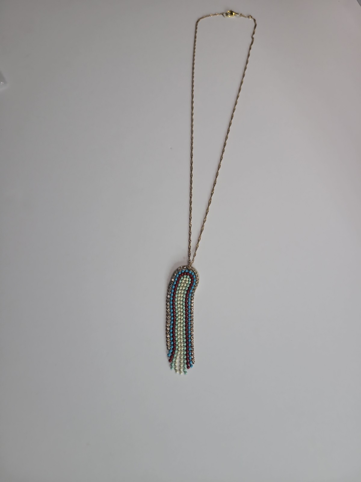 Boho Beaded Tassel Pendant Necklace Rhinestone Fringe Turquoise Red Gold Tone St