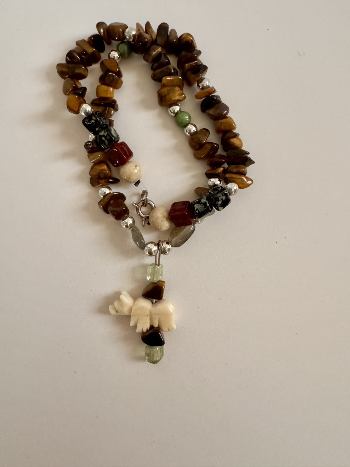 14” Choker Animal Carved Bear Tiger Eye Bead Necklace w/Bear Pendant Tribal Boho