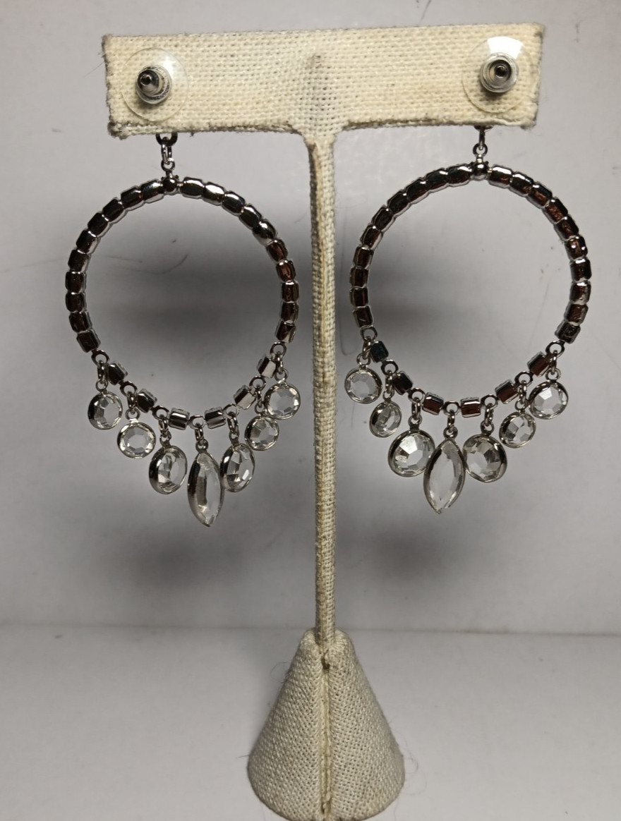 Pierced Earrings Clear Bezel Circle Hoop Dangle Drop Stud Dressy Wedding