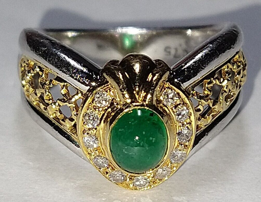 Solid heavy platinum & 18k gold 0.91 carat natural emerald diamond ring 8.76 grm