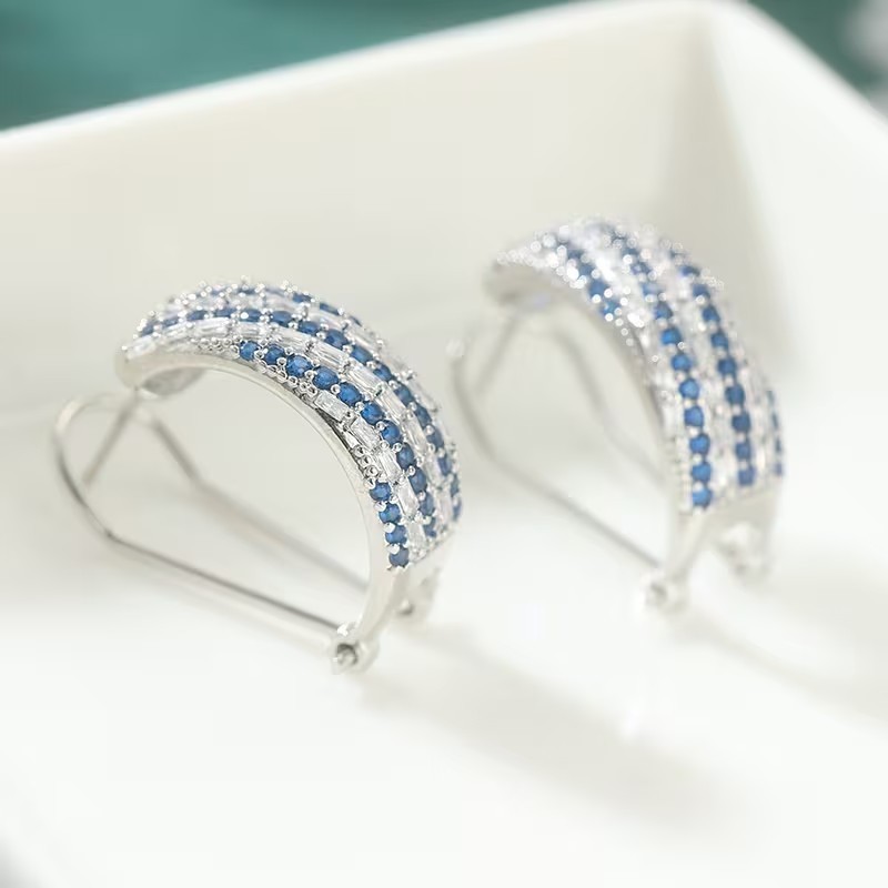 Round Cut Simulated Blue Sapphire Omega Back Hoop Earring 14K White Gold Plated