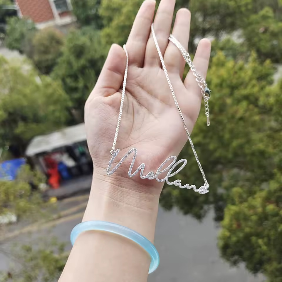 Customized Cursive Name Necklace Pendant Box Chain Zirconia Letters Jewelry