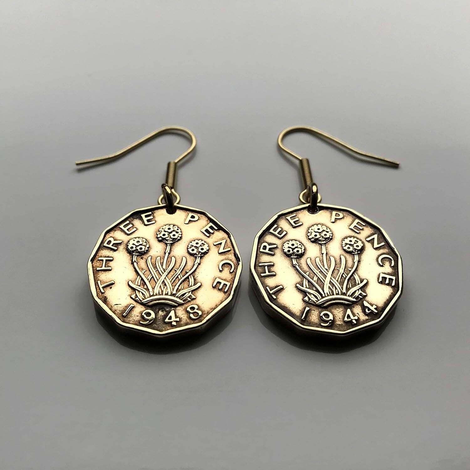 UK Great Britain 3 Pence coin earrings 3 headed thrift plant London Leeds 000074