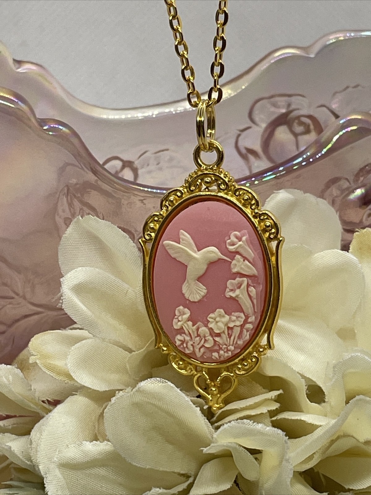 PINK Hummingbird Necklace Heart Cameo Mom Daughter Gold wedding JEWELRY Easter