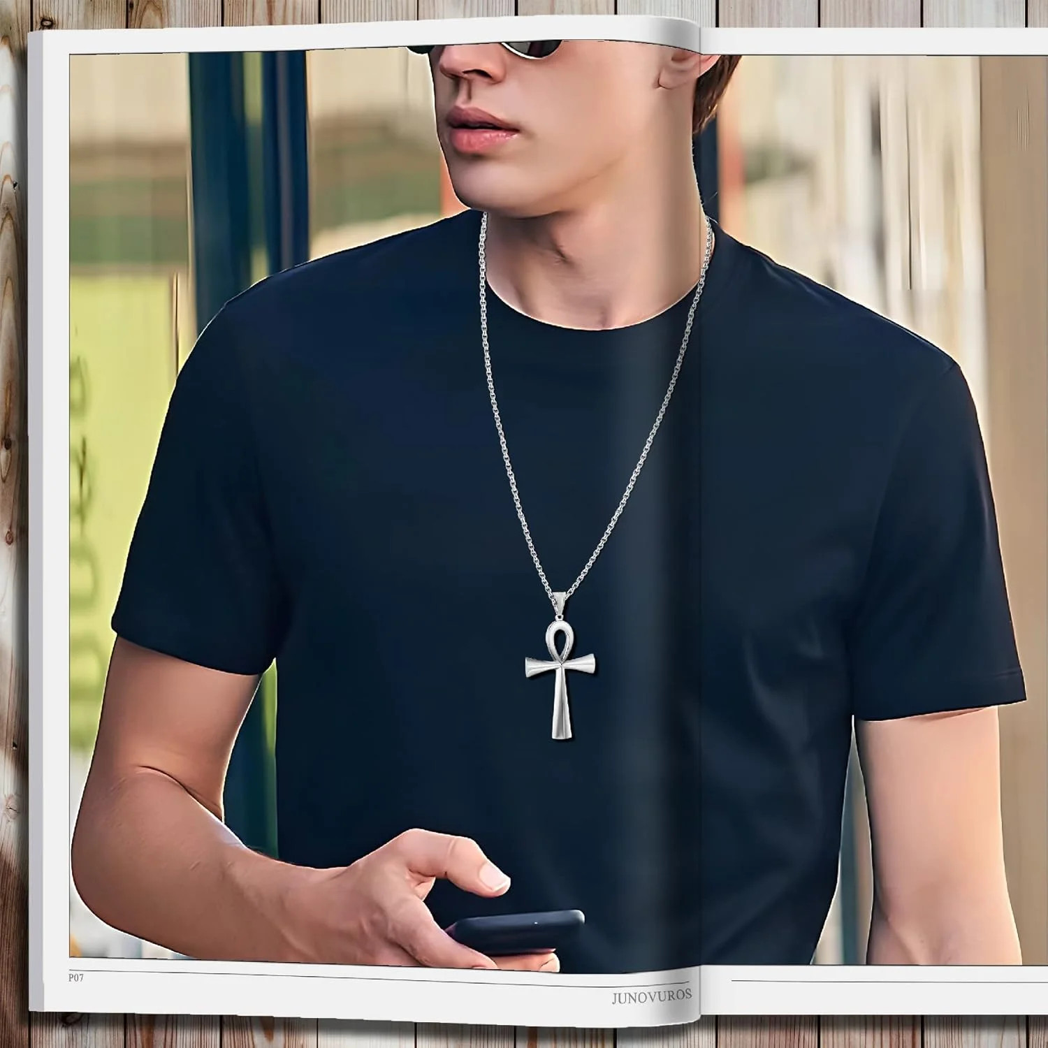 JUNOVUROS 18 to 28 Inches Rolo Chain Ancient Ankh Cross Pendant Necklace for Men