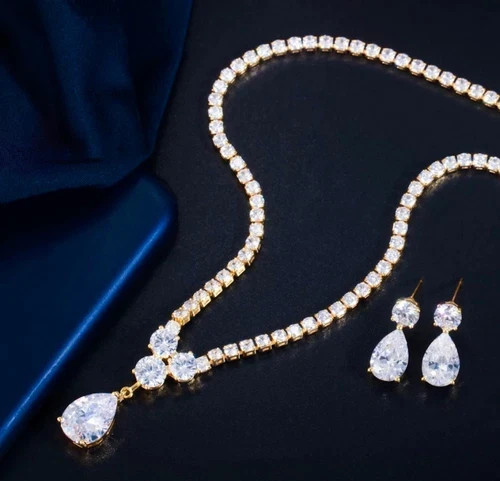 18k Gold Plated Tennis Necklace Earrings Made Simulated Diamond Bridal Jewelry