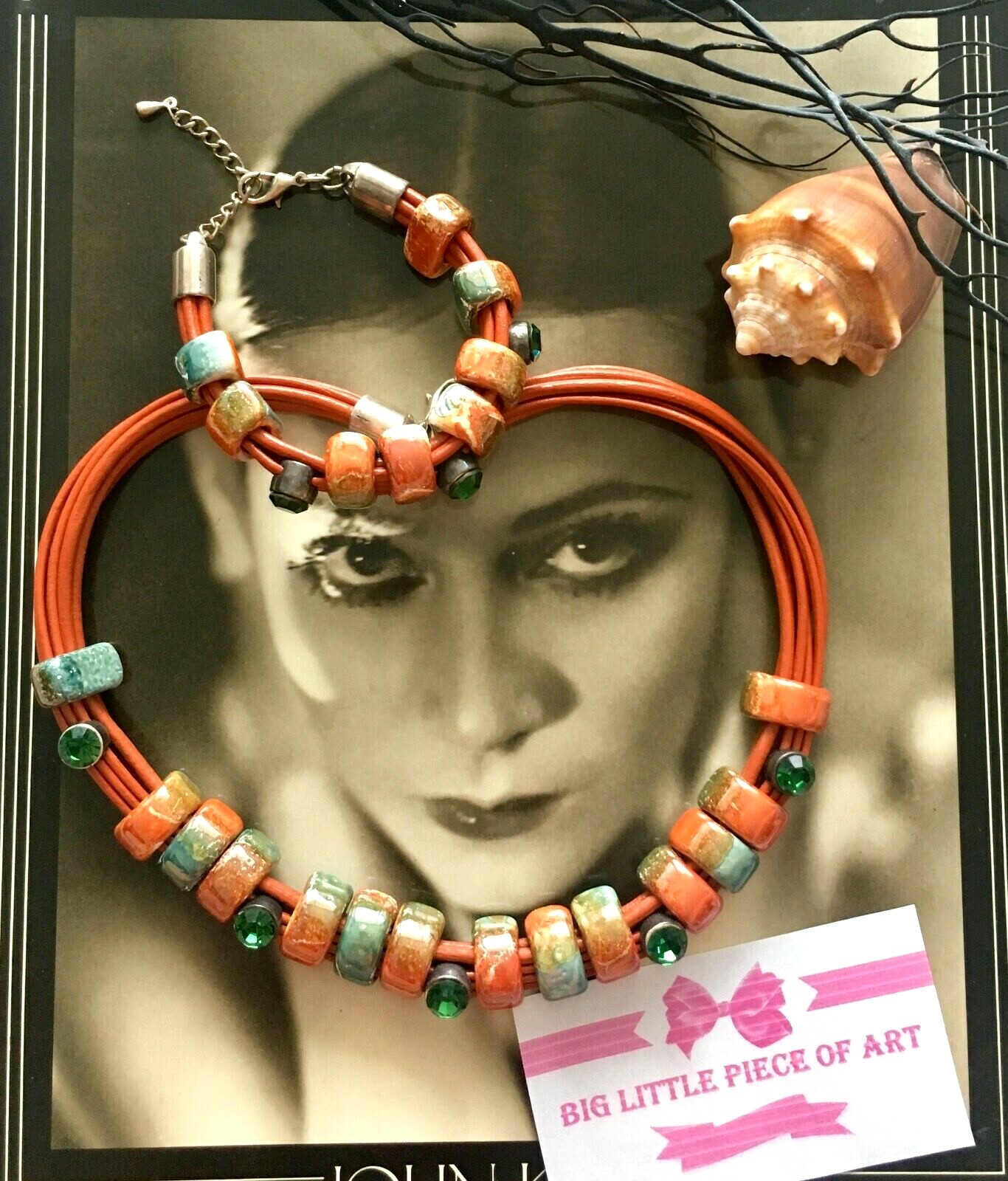 ✨SET Necklace + Bracelet LOT Silver Ceramic Beads Swarovski Element Leather $200