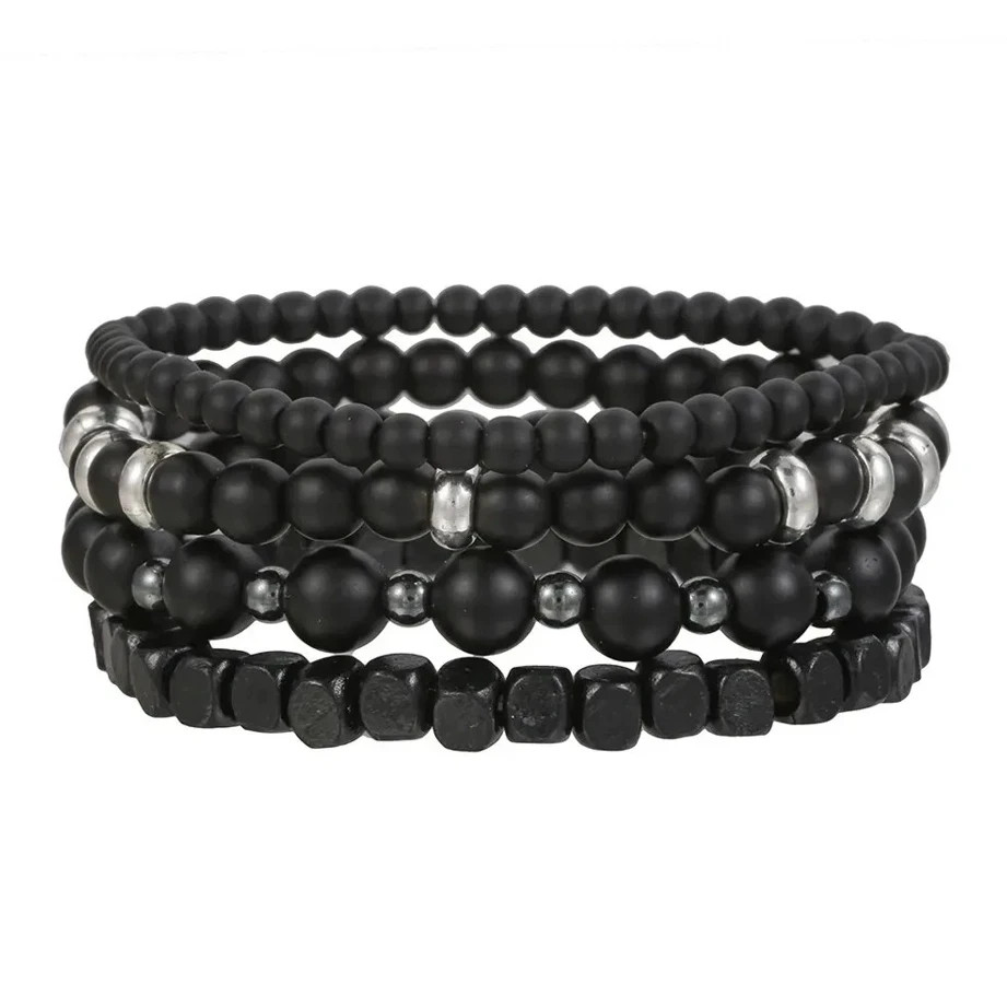 4pcs Black Stone & Wood Bead Elastic Bracelet Set for Men Women