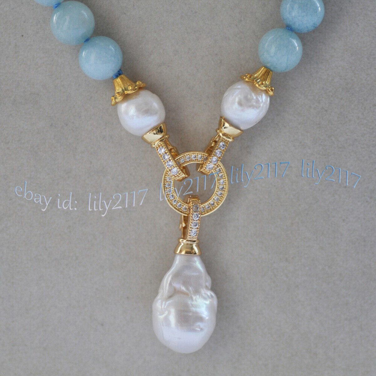 Natural Blue Aquamarine Gems Beaded White Keshi Baroque Pearl Pendant Necklace