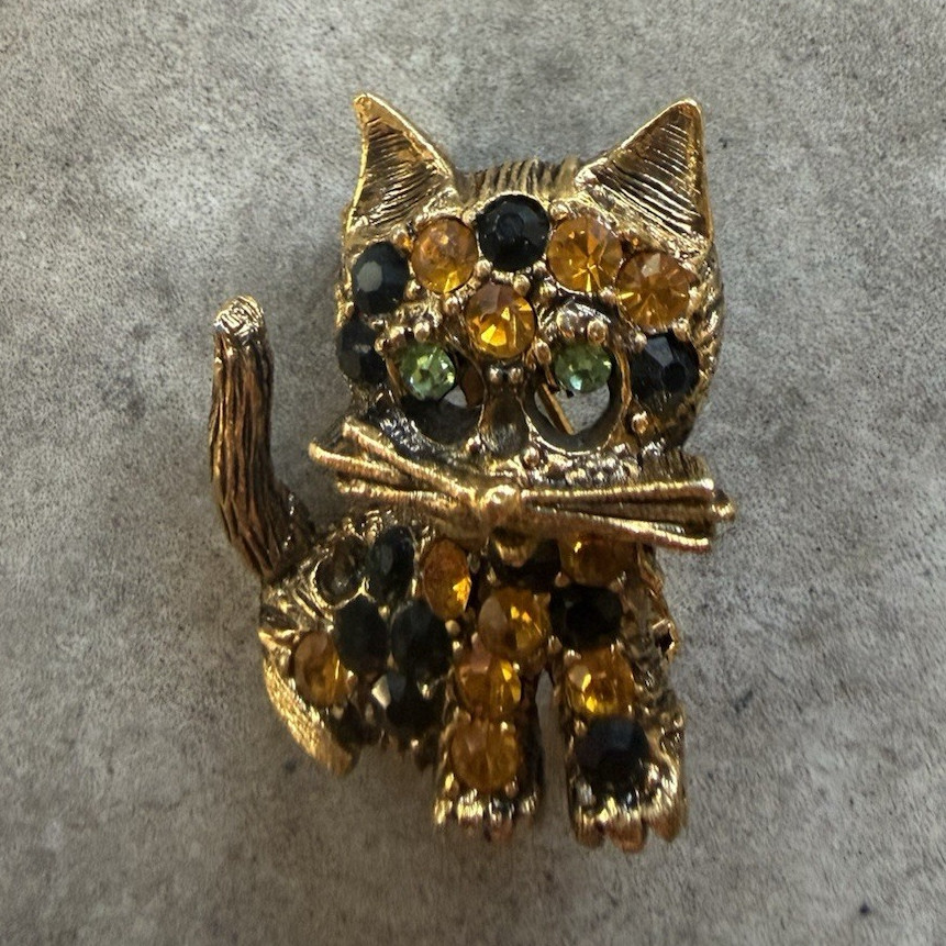 Gold Tone Cat Brooch Pin Brown Black Round Rhinestones Metal Rhinestone Jewelry